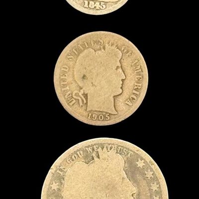 Sale Photo Thumbnail #177: Includes an 1897 Barber quarter, a 1905 Barber dime, and an 1845 half dime. Total of three ungraded coins. Silver content is 90%. [PM]