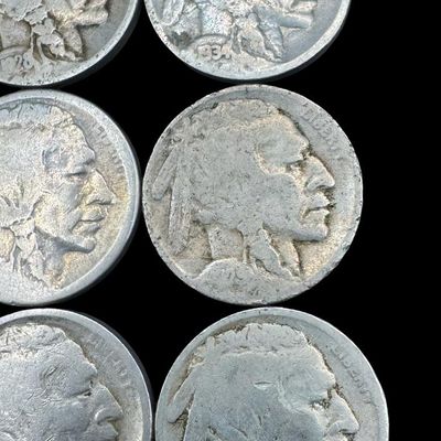 Sale Photo Thumbnail #185: Includes 19 Buffalo nickels, and three Jefferson war nickels. Total of 22 coins with assorted dates. [PM]