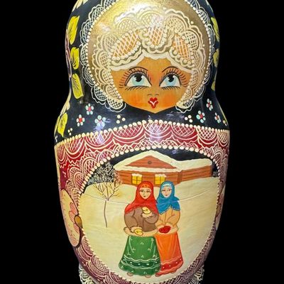 Sale Photo Thumbnail #196: This set includes a total of ten dolls. They feature detailed, ornate painted dolls with gold accents, floral motifs, and traditional scenes. The tallest doll measures 9 inches high. [AG]