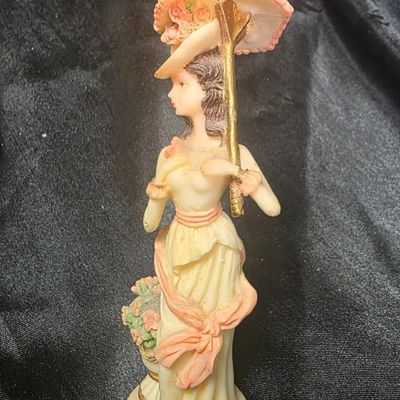 Vintage Victorian Lady Figurine with Parasol Floral Resin Sculpture Decor