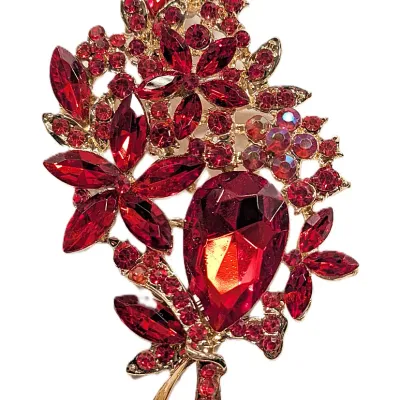 **NEW ARRIVAL** Large VERY RED Marquise-Cut Stones BOUQUET BROOCH (4" x 2") with More RED Accent Stones on a Gold Tone Setting