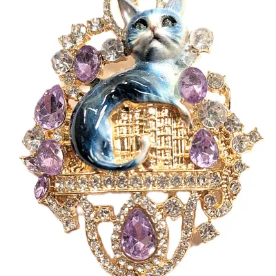**NEW ARRIVAL** Bejeweled "KITTY KAT" BROOCH (2¾" x 2") with Blue/Green Ceramic Cat & Lavender and Clear Accent...