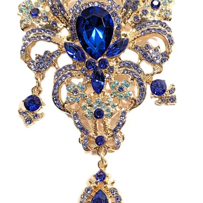 **NEW ARRIVAL** Bejeweled BLUE Colored BOUQUET BROOCH (3½" x 2¼") with 3 Dangle Segments and Iridescent Blue & Green Accent...