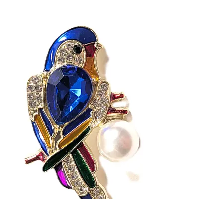 **NEW ARRIVAL** Small Enameled Multicolor "PARROT & PEARL" BROOCH (2" x ¾") with Deep Blue Pear Stone and Large...