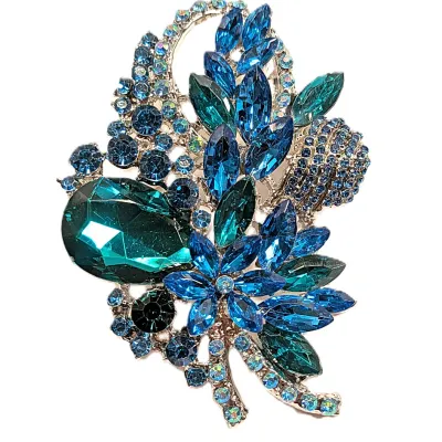 **NEW ARRIVAL** GREEN/BLUE Marquise-Cut Stones BOUQUET BROOCH (3¾" x 2¾") with Blue and Green Accent Stones on a Gold Tone Setting