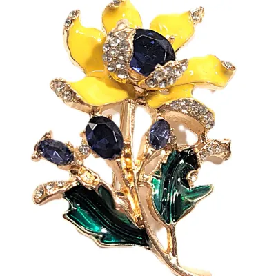 **NEW ARRIVAL** Very YELLOW Colored Enameled/Painted FLOWER BROOCH (2½" x 1½") with Blue Center and Green Leaves on a Gold Tone...