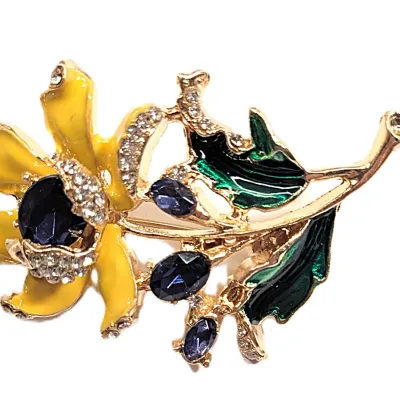 **NEW ARRIVAL** Very YELLOW Colored Enameled/Painted FLOWER BROOCH (2½" x 1½") with Blue Center and Green Leaves on a Gold Tone...