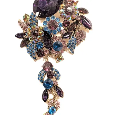 **NEW ARRIVAL** Bejeweled PURPLE & BLUE Colored BOUQUET BROOCH (4½" x 2¼") with 2" Dangle Segment Multicolor...