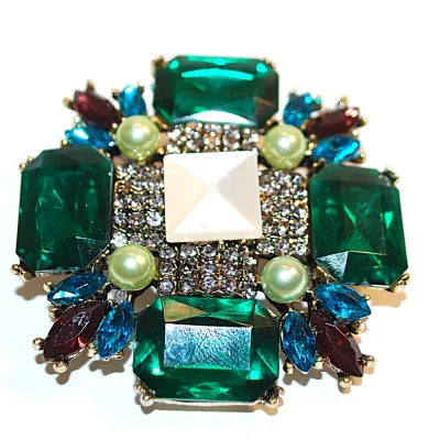 **NEW ARRIVAL** GREEN Rectangle Beveled Glass Stones BROOCH (2" x 2") with WHITE Center Stone, LIME "Pearls" and...