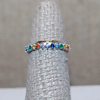 Size 6 Marked .925 Delicate Half Infinity MULTICOLOR Tiny STONES RING on a Silver Band (2.0g)