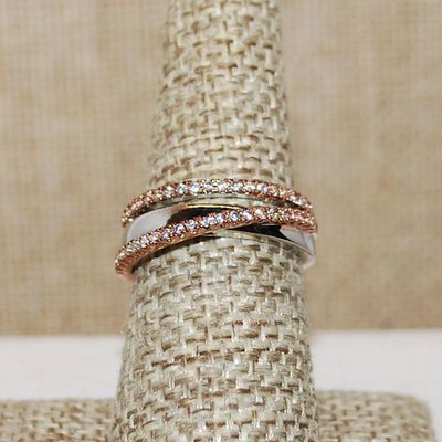 Size7½ Marked .925 Double Rows ROSE GOLD Ring & Stone Accents with Criss-Cross Silver Tone Band (4.2g)