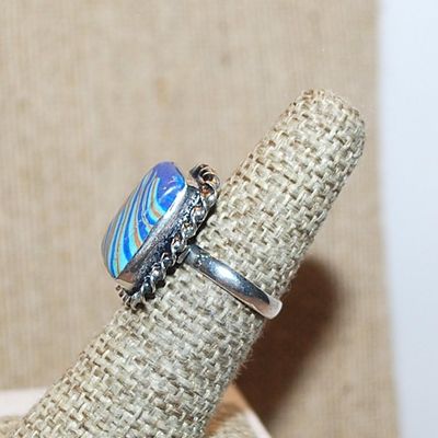Size 6 Marked .925 Rectangle RAINBOW CALSILICA Gemstone Ring with Full Slanted Lines in Blues & Orange and Silver-Plated Band (5.6g)