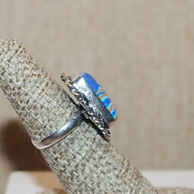 Size 6 Marked .925 Rectangle RAINBOW CALSILICA Gemstone Ring with Full Slanted Lines in Blues & Orange and Silver-Plated Band (5.6g)