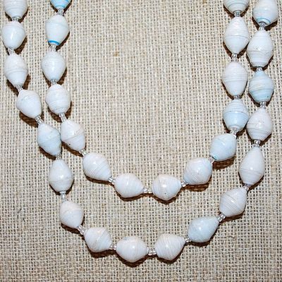 Pale White, Spectacled & Blue Striped Oval Teardrop Bead NECKLACE with Tiny Clear Spacers and Cylinder Screw Clasp 22" L
