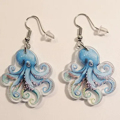 **NEW ARRIVAL** ACRYLIC BLUE OCTOPUS EARRINGS - 2 Dimension with Silver Tone WIRE HOOK Clasp