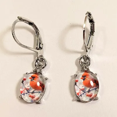**NEW ARRIVAL** ACRYLIC Oval "RED BIRD WINDOW" EARRINGS with a Silver Tone Setting + "SNAP-ON" Clasp