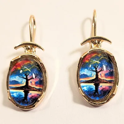 **NEW ARRIVAL** ACRYLIC Oval "TREE & CLOUDS WINDOW" EARRINGS with Gold Tone Setting + WIRE HOOK Clasp