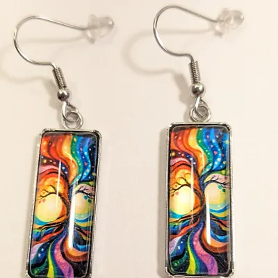 **NEW ARRIVAL** ACRYLIC Long Rectangle Colorful Graphic Design EARRINGS with Silver Tone Setting + WIRE HOOK Clasp