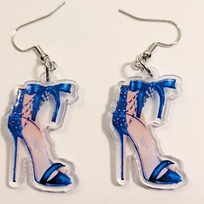 **NEW ARRIVAL** ACRYLIC PINK & BLUE HIGH HEELS EARRINGS - 2 Dimension with Silver Tone WIRE HOOK Clasp