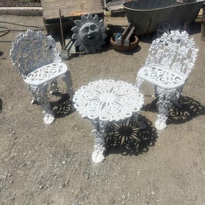 Sale Photo Thumbnail #7: Antique Victorian Cast Iron Grape Leaf Garden 2 Chairs and Table