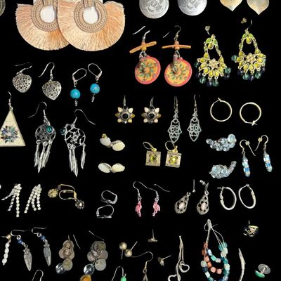 Sale Photo Thumbnail #217: Includes gold tone, silver tone, rhinestones, abalone, beads, and more. There is a variety of styles, including hoop, dangle, stud, and more. Total of 35+ pairs, and 10+ single earrings. [AG]