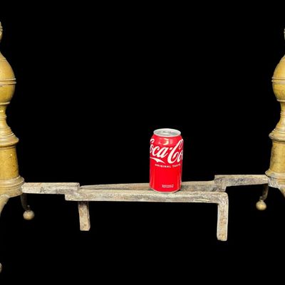 Sale Photo Thumbnail #219: These early Federal style pieces are constructed of brass and iron. They feature a classic Federal style, or Colonial style, baluster design with “double lemon” or acorn-shaped finials, and spurred cabriole legs terminating in ball feet. One pair. Mea