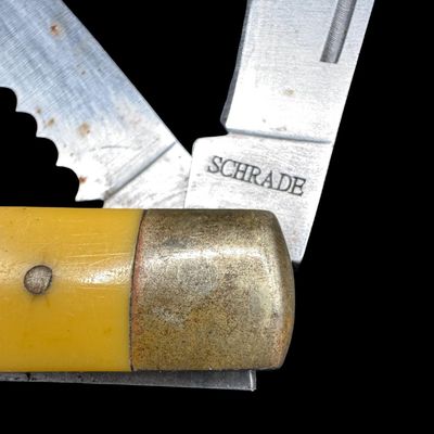 Sale Photo Thumbnail #223: Includes an Old Timer Model 12OT “PAL” single blade knife, an Old Timer Model 95OT “Gunstock Trapper” two blade knife, and a Schrade 890TY “Blazer” three blade knife. Total of three knives. The longest knife measures 4.25” long in the closed