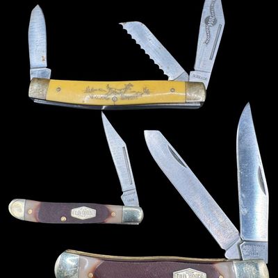 Sale Photo Thumbnail #220: Includes an Old Timer Model 12OT “PAL” single blade knife, an Old Timer Model 95OT “Gunstock Trapper” two blade knife, and a Schrade 890TY “Blazer” three blade knife. Total of three knives. The longest knife measures 4.25” long in the closed