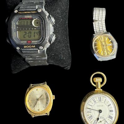 Sale Photo Thumbnail #265: Includes a Westclox pocket watch, a Citizen wristwatch, a Sulina watch, and a Casio digital wristwatch. Total of four watches. One is missing the original band. Not tested. [PM]