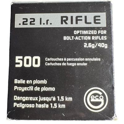 Sale Photo Thumbnail #276: This is a box of 500 rounds of Geco .22LR ammunition, optimized for bolt action rifles. **NO SHIPPING ON AMMUNITION.** [RS]