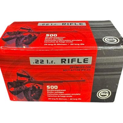 Sale Photo Thumbnail #275: This is a box of 500 rounds of Geco .22LR ammunition, optimized for bolt action rifles. **NO SHIPPING ON AMMUNITION.** [RS]