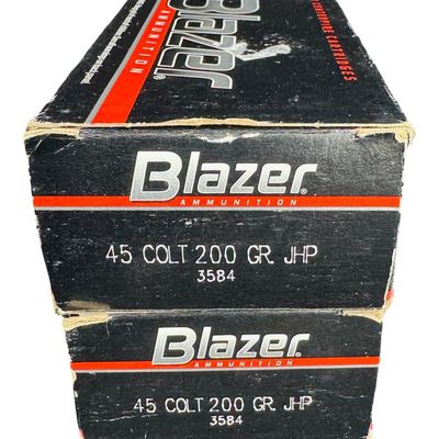 Sale Photo Thumbnail #278: Includes two unopened boxes of 50 rounds of Blazer .45 Colt, 200 grain, jacketed hollow point ammunition. Total of 100 rounds. Pre-auction estimate: $75-$150. **NO SHIPPING ON AMMUNITION.** [RS]