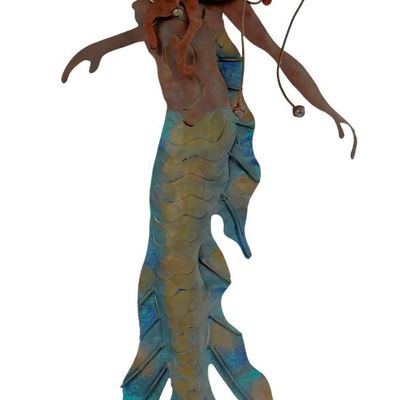 Sale Photo Thumbnail #283: This large piece is painted metal, with tones of gold, blue, and red. Measurement: 42” x 18”. [AG]