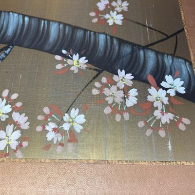 Sale Photo Thumbnail #308: This decorative four-panel screen depicts a classic seasonal nature scene, featuring blossoming cherry trees and songbirds. There is general age related wear, but no rips or tears to the silk. Measurement: 48” x 64” (open, approximate). [VB]