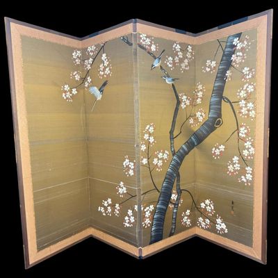 Sale Photo Thumbnail #307: This decorative four-panel screen depicts a classic seasonal nature scene, featuring blossoming cherry trees and songbirds. There is general age related wear, but no rips or tears to the silk. Measurement: 48” x 64” (open, approximate). [VB]