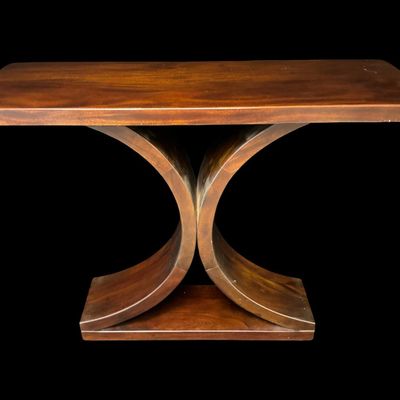 Sale Photo Thumbnail #318: This table features an abstract hourglass or intersecting dual-arch pedestal base. The fluid geometry of this piece mimics mid-century modern and Art Deco aesthetics. There is age related wear. Measurement: 40”W x 31”H. [VB]