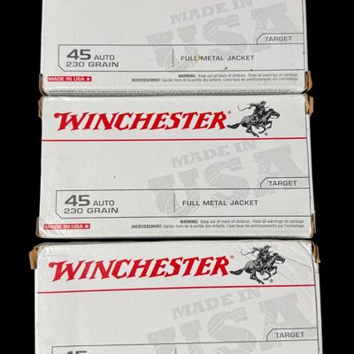Sale Photo Thumbnail #321: Includes three boxes of Winchester .45, 230 grain target ammunition. Each box contains 50 rounds. Total of 150 rounds. All boxes were previously unopened. **NO SHIPPING ON AMMUNITION.** [RS]