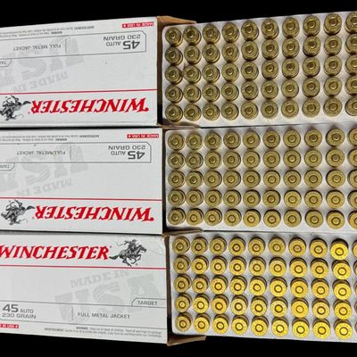 Sale Photo Thumbnail #323: Includes three boxes of Winchester .45, 230 grain target ammunition. Each box contains 50 rounds. Total of 150 rounds. All boxes were previously unopened. **NO SHIPPING ON AMMUNITION.** [RS]