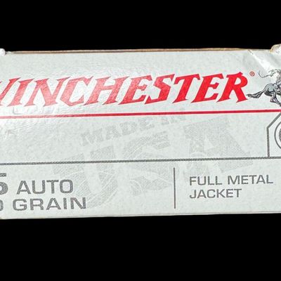 Sale Photo Thumbnail #322: Includes three boxes of Winchester .45, 230 grain target ammunition. Each box contains 50 rounds. Total of 150 rounds. All boxes were previously unopened. **NO SHIPPING ON AMMUNITION.** [RS]