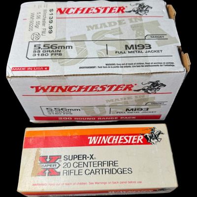 Sale Photo Thumbnail #327: Includes one unopened box of 20 Winchester .223 ammunition, and one unopened box of 200 Winchester 5.56 ammunition. Total of 220 rounds. Each round is 55 grains. **NO SHIPPING ON AMMUNITION.** [RS]