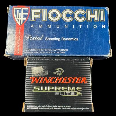 Sale Photo Thumbnail #330: Includes a previously unopened box of 20 rounds of Winchester 230 grain bonded PDX1 .45 ammunition, and a previously unopened box of 50 rounds of Fiocchi 230 grain FMJ .45 ammunition. Total of 70 rounds. **NO SHIPPING ON AMMUNITION.** [RS]