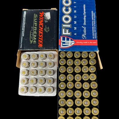 Sale Photo Thumbnail #332: Includes a previously unopened box of 20 rounds of Winchester 230 grain bonded PDX1 .45 ammunition, and a previously unopened box of 50 rounds of Fiocchi 230 grain FMJ .45 ammunition. Total of 70 rounds. **NO SHIPPING ON AMMUNITION.** [RS]