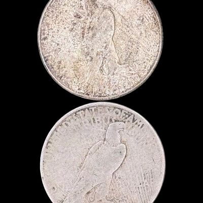 Sale Photo Thumbnail #379: Includes a 1922-S Peace dollar, and a 1923-S Peace dollar. Total of two ungraded coins. The silver content is 90%. [PM]