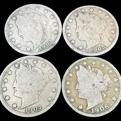 Sale Photo Thumbnail #383: Includes one 1906 nickel, two 1907 nickels, and one 1908 nickel. Total of four ungraded coins. [PM]