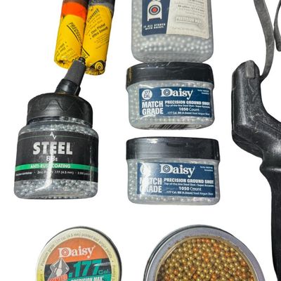 Sale Photo Thumbnail #397: Includes a Marksman slingshot, a Daisy Powerline 408 .177 caliber pistol, BBs, pellets, and more. **AMMO AND CO2 CARTRIDGES WILL NOT BE SHIPPED.** [LG]