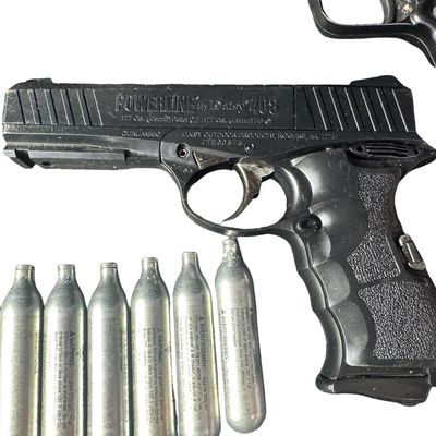 Sale Photo Thumbnail #396: Includes a Marksman slingshot, a Daisy Powerline 408 .177 caliber pistol, BBs, pellets, and more. **AMMO AND CO2 CARTRIDGES WILL NOT BE SHIPPED.** [LG]