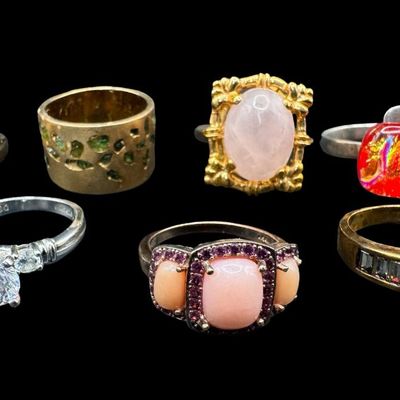 Sale Photo Thumbnail #425: Includes green tourmaline, CZ, pink quartz, coral, and other modern rings. Some pieces have a 14K gold vermeil wash. Total of seven rings. The total weight is 44.83 grams. [GG]