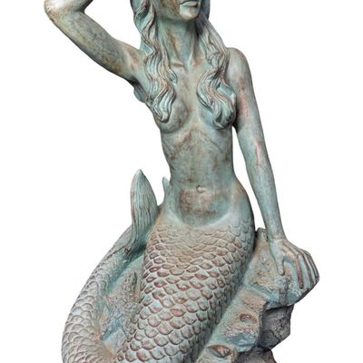 Sale Photo Thumbnail #457: This mermaid statue is made of resin, and has a bronze style patina. It measures 29” high. There are no obvious chips or cracks. [AG]