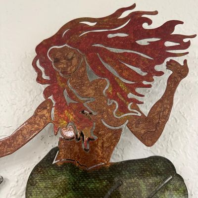 Sale Photo Thumbnail #464: This durable powder coated piece features a cut-out mermaid figure in polychrome colors. The original tag is still attached. Measurement: 25” x 22.5”. [AG]
