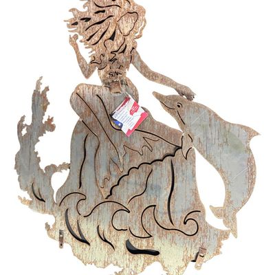 Sale Photo Thumbnail #465: This durable powder coated piece features a cut-out mermaid figure in polychrome colors. The original tag is still attached. Measurement: 25” x 22.5”. [AG]